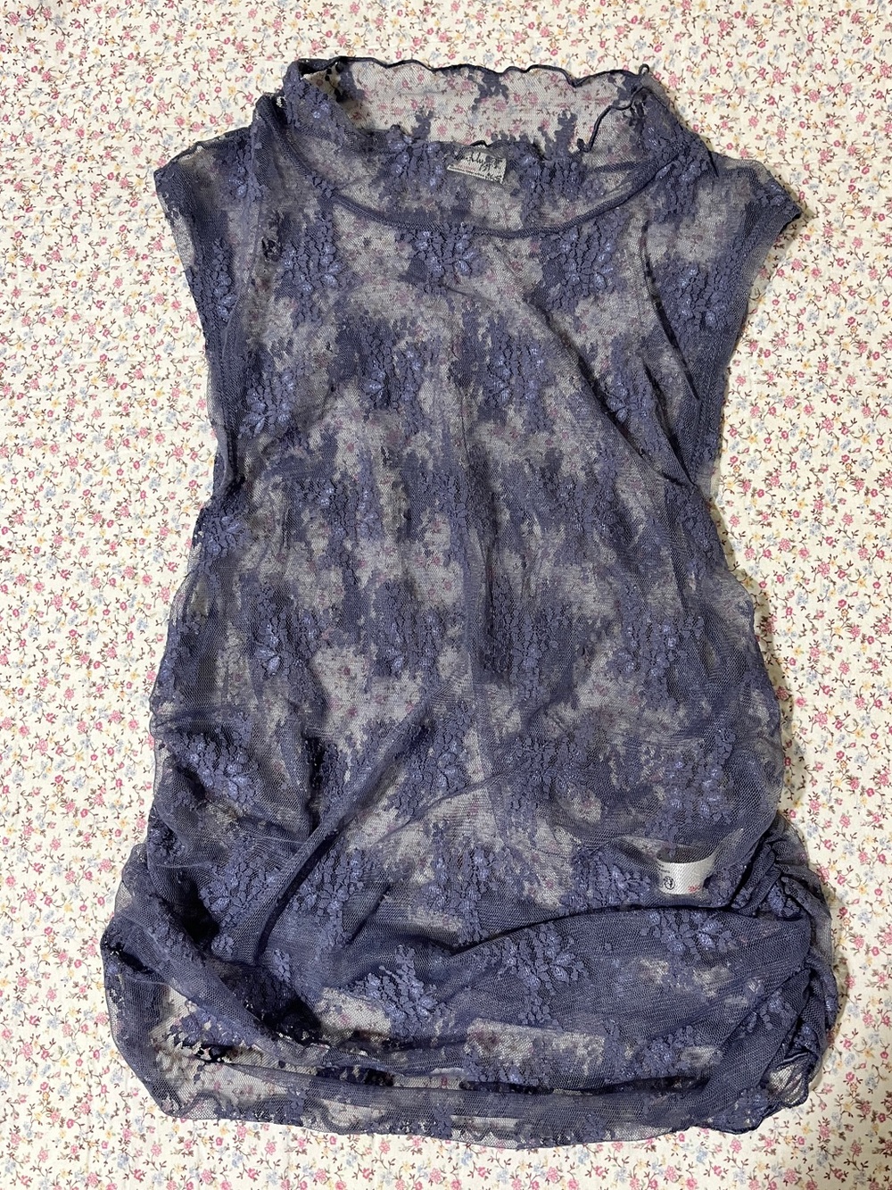 Free People Intimately Sheer Lace Cap-Sleeve Top in Dusty Blue, large